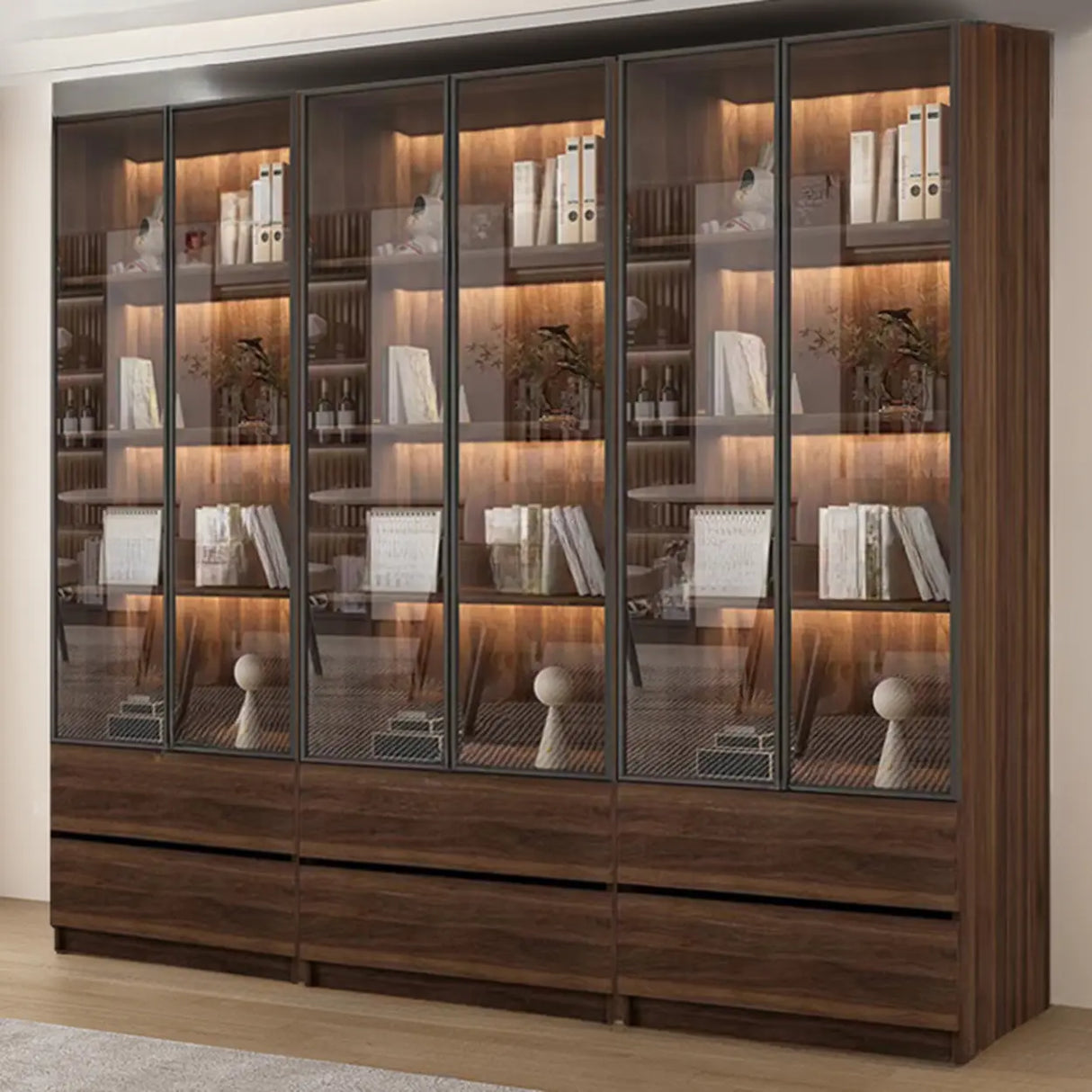 Vintage Glass Door Espresso Multi-Shelf Storage Bookcase Image - 8