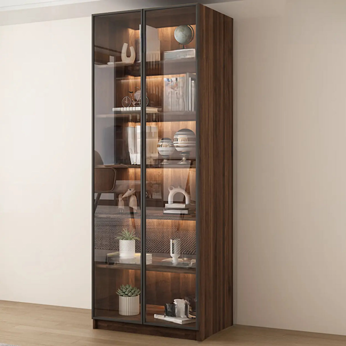 Vintage Glass Door Espresso Multi-Shelf Storage Bookcase Image - 9