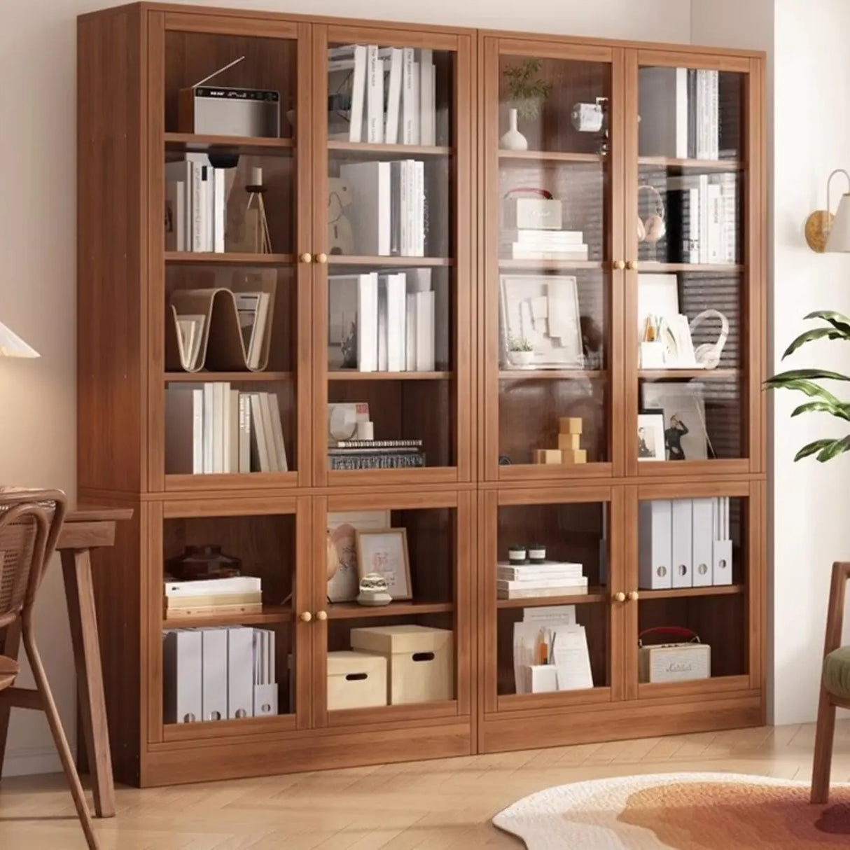 Vintage Glass Doors Vertical Walnut Storage Bookcase Image - 1