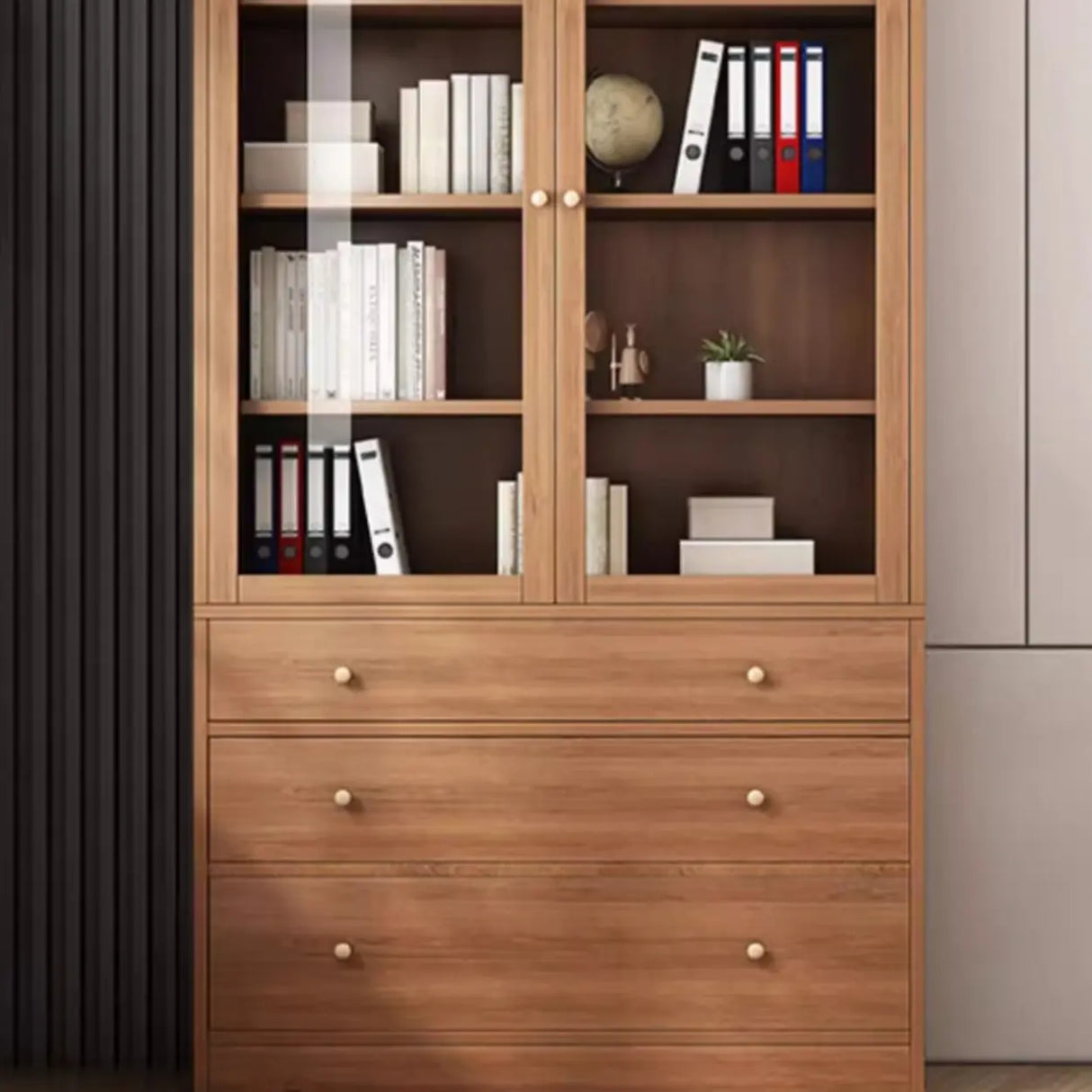 Vintage Glass Doors Vertical Walnut Storage Bookcase Image - 10