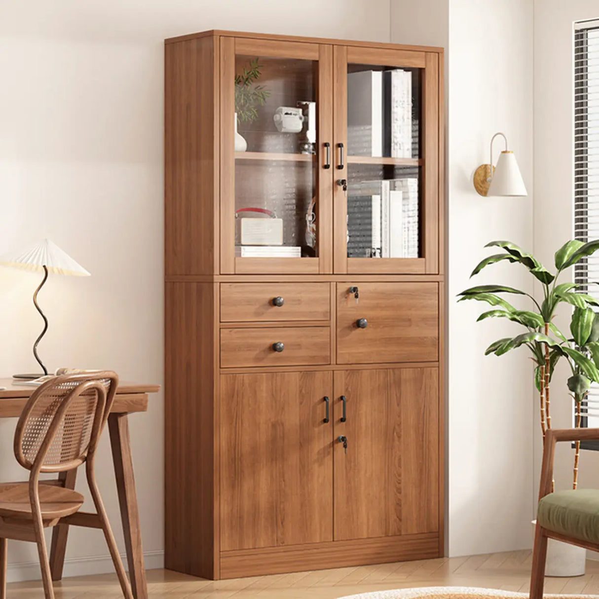 Vintage Glass Doors Vertical Walnut Storage Bookcase Image - 11