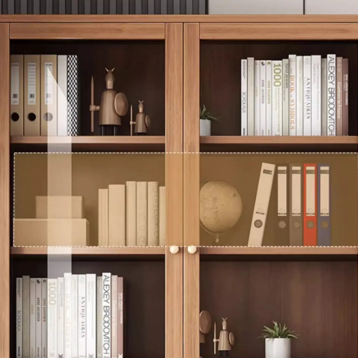 Vintage Glass Doors Vertical Walnut Storage Bookcase Image - 14