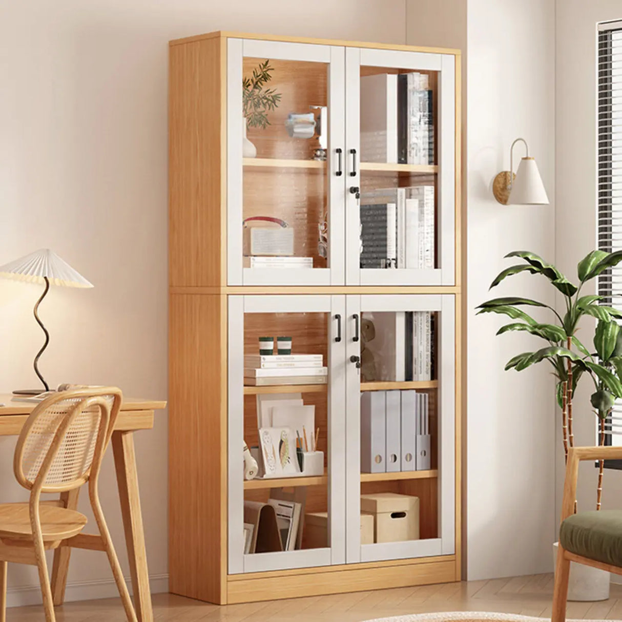 Vintage Glass Doors Vertical Walnut Storage Bookcase Image - 16