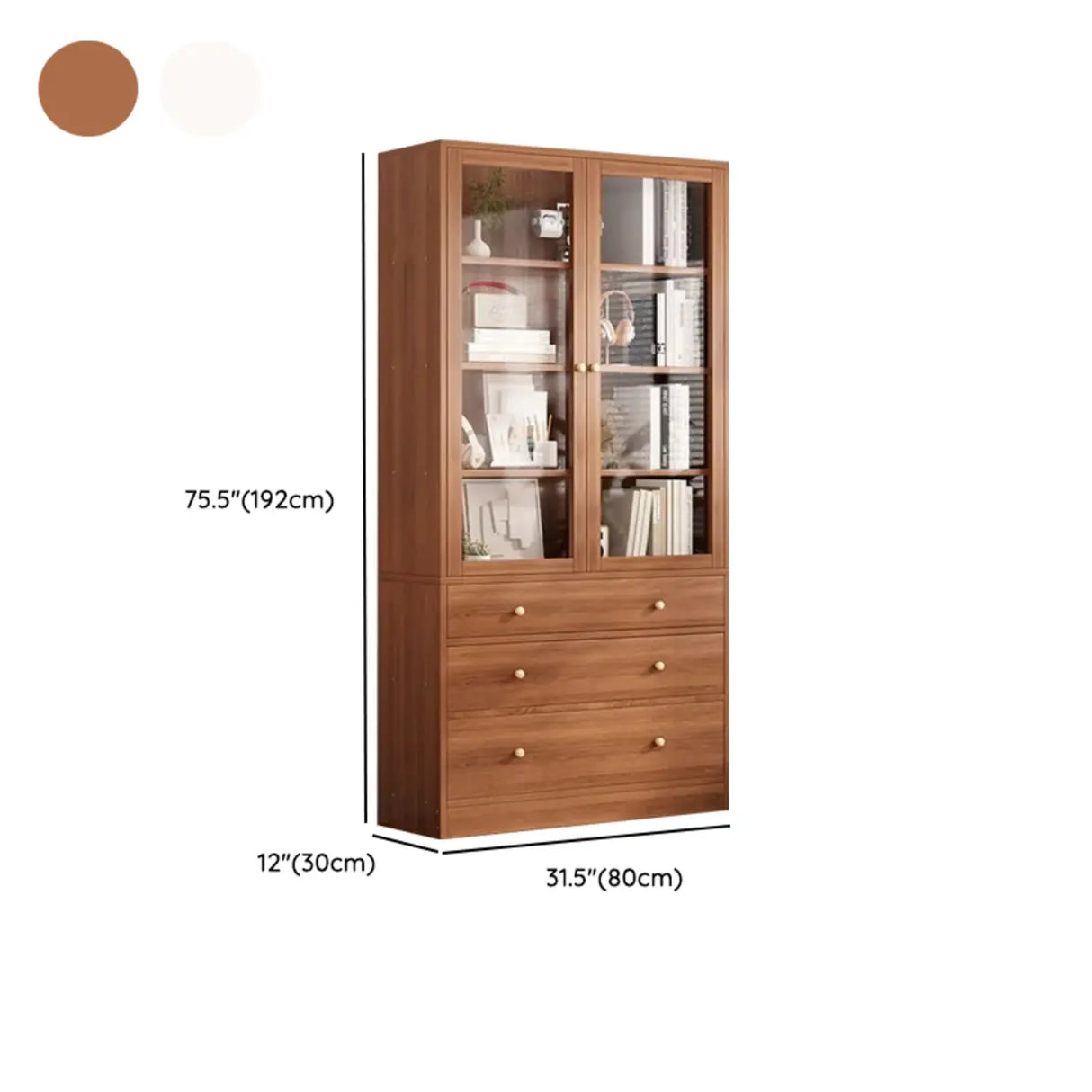 Vintage Glass Doors Vertical Walnut Storage Bookcase Image - 18