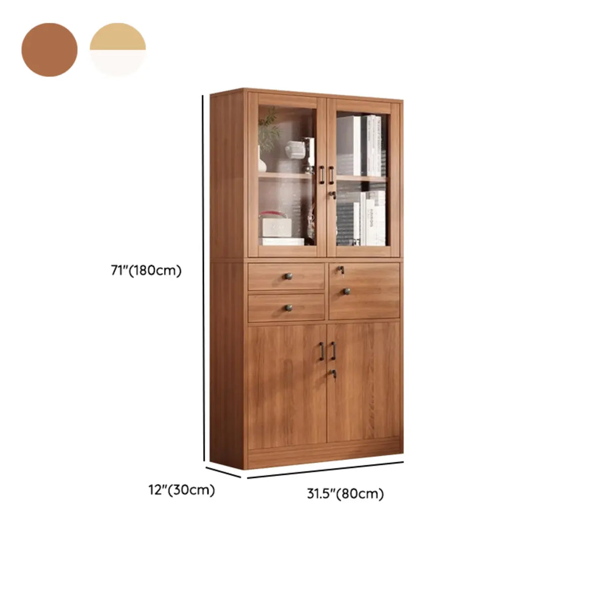 Vintage Glass Doors Vertical Walnut Storage Bookcase Image - 20