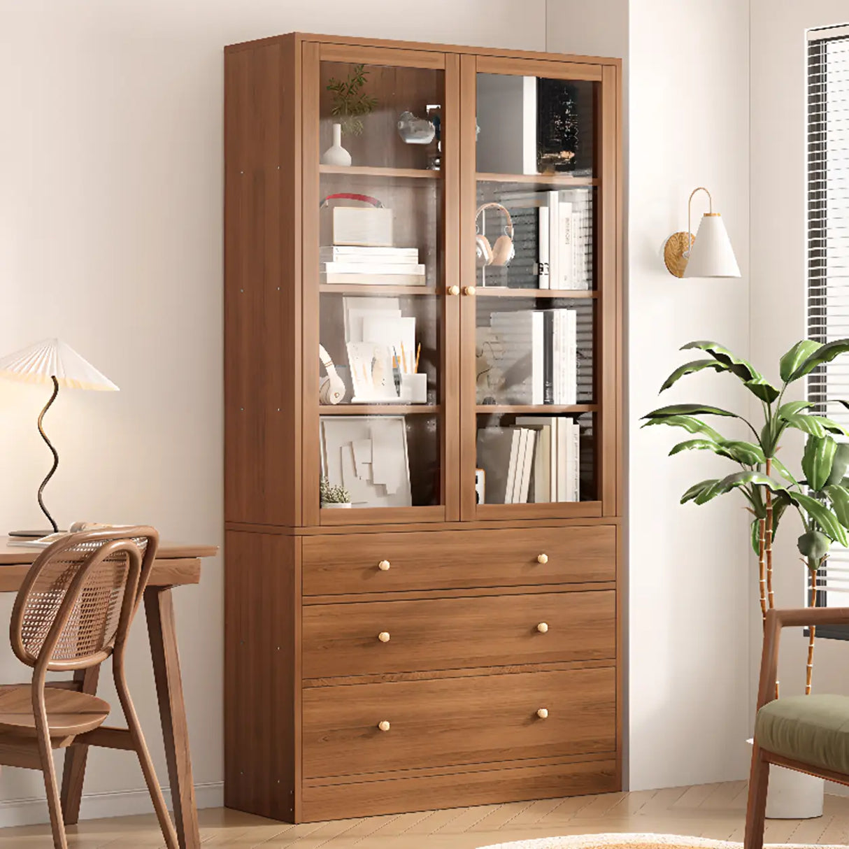 Vintage Glass Doors Vertical Walnut Storage Bookcase Image - 3