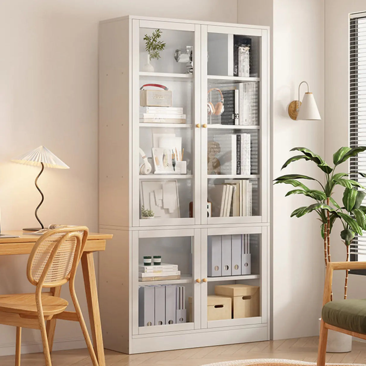 Vintage Glass Doors Vertical Walnut Storage Bookcase Image - 5