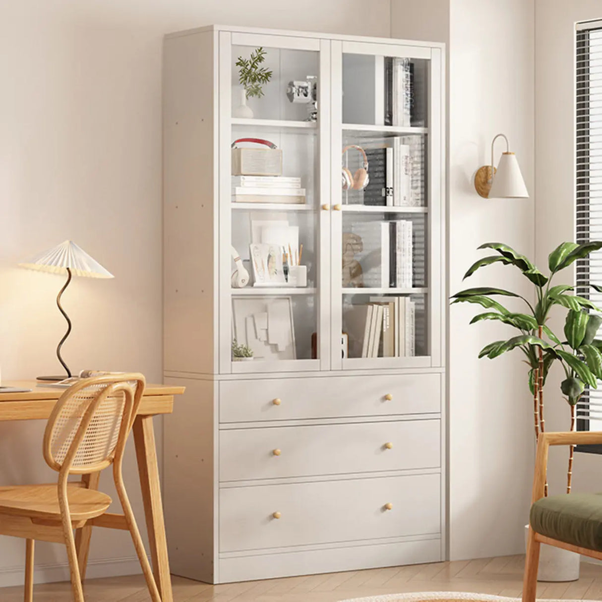 Vintage Glass Doors Vertical Walnut Storage Bookcase Image - 7