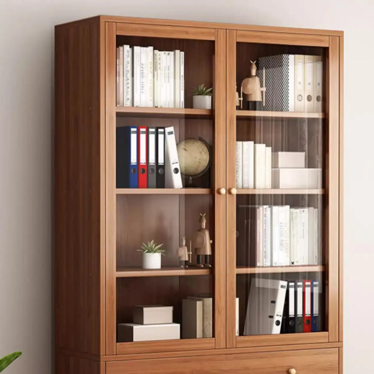 Vintage Glass Doors Vertical Walnut Storage Bookcase Image - 8