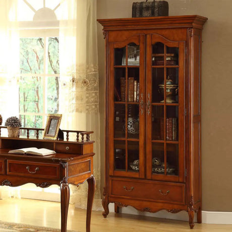 Vintage Glass Doors Wood Drawer Storage Bookcase Brown Image - 1