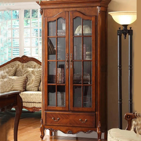Vintage Glass Doors Wood Drawer Storage Bookcase Brown Image - 2