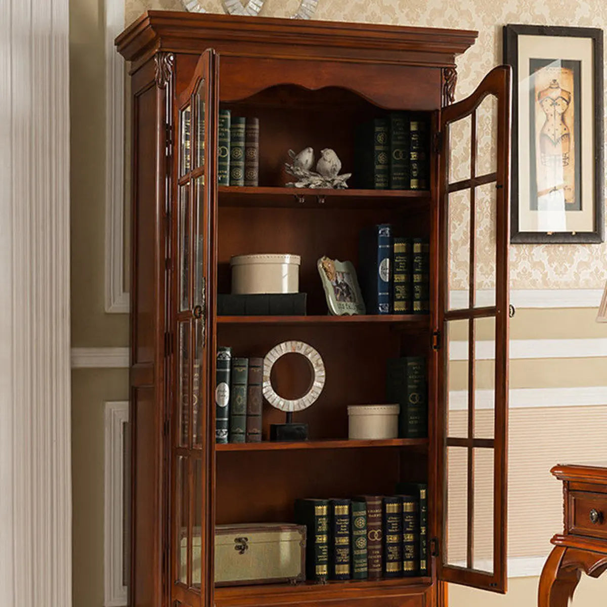 Vintage Glass Doors Wood Drawer Storage Bookcase Brown Image - 3