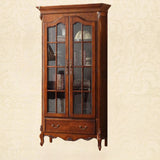 Vintage Glass Doors Wood Drawer Storage Bookcase Brown Image - 4
