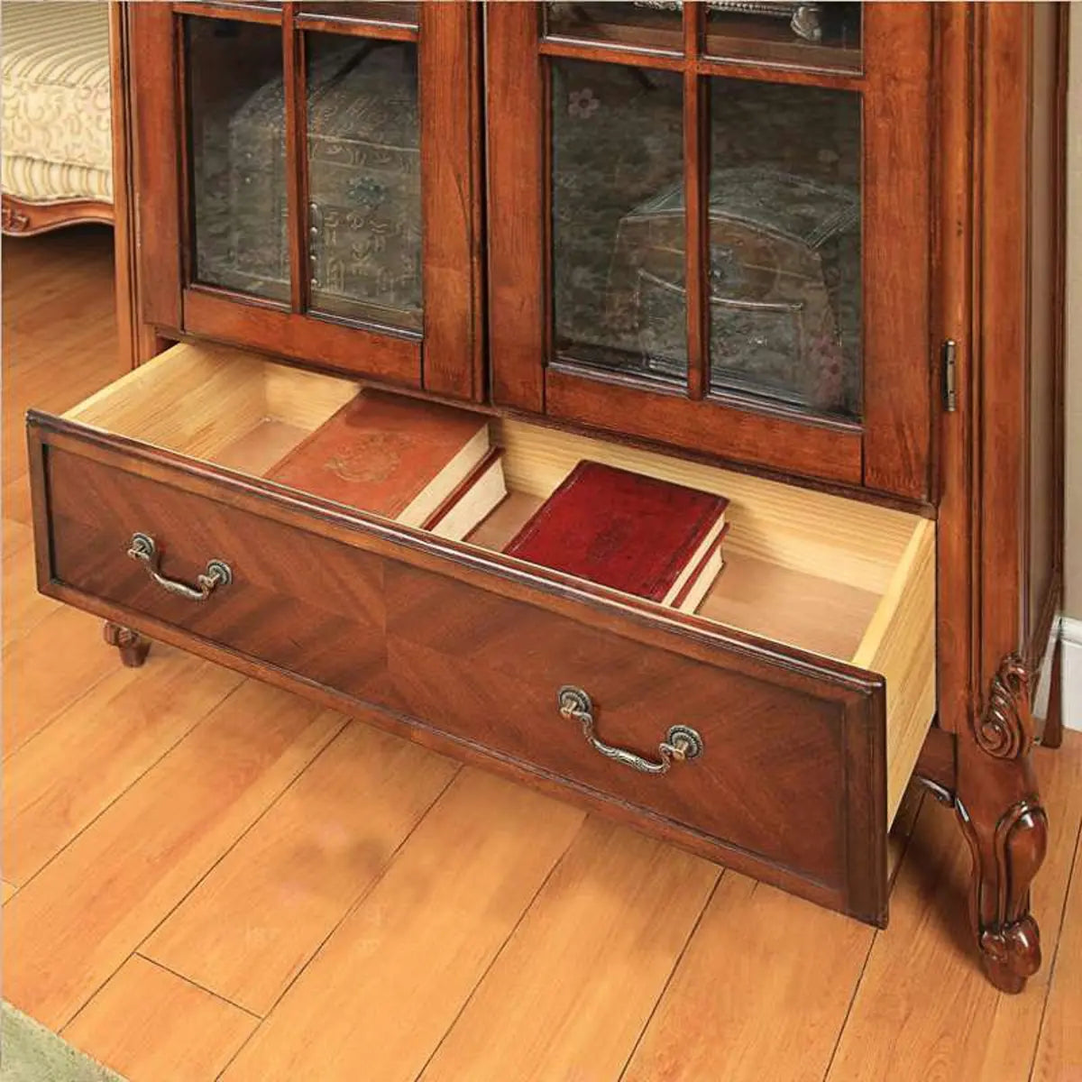 Vintage Glass Doors Wood Drawer Storage Bookcase Brown Image - 5