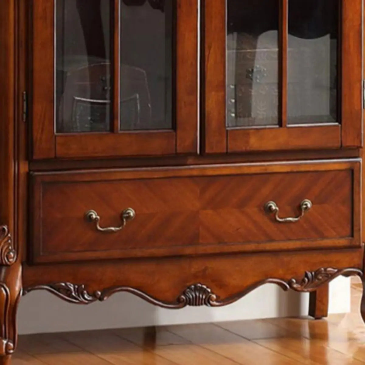 Vintage Glass Doors Wood Drawer Storage Bookcase Brown Image - 6