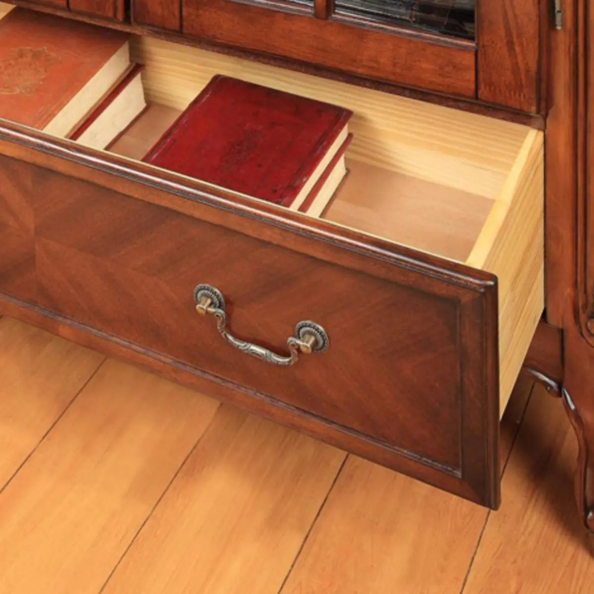 Vintage Glass Doors Wood Drawer Storage Bookcase Brown Image - 7
