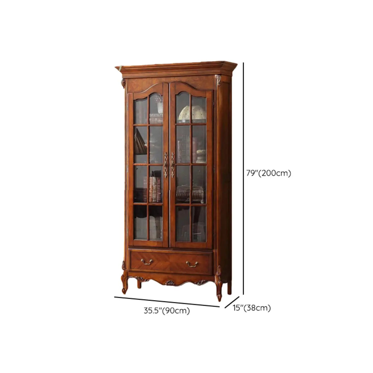 Vintage Glass Doors Wood Drawer Storage Bookcase Brown 