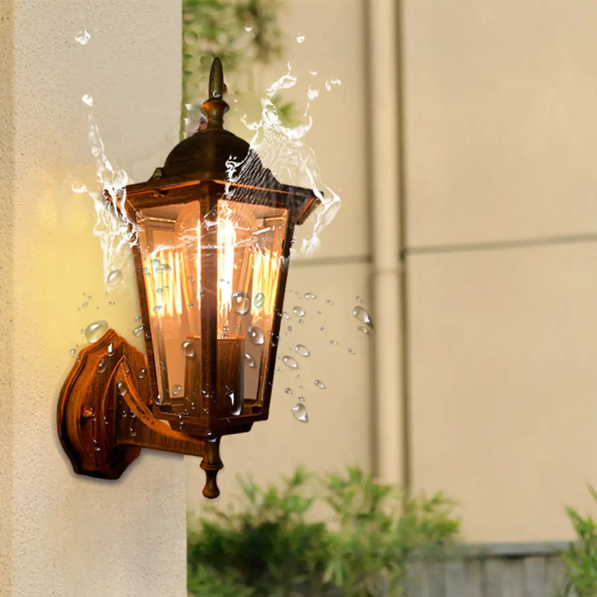Vintage Glass Lantern Outdoor Ambient Wall Light Gold Image - 6