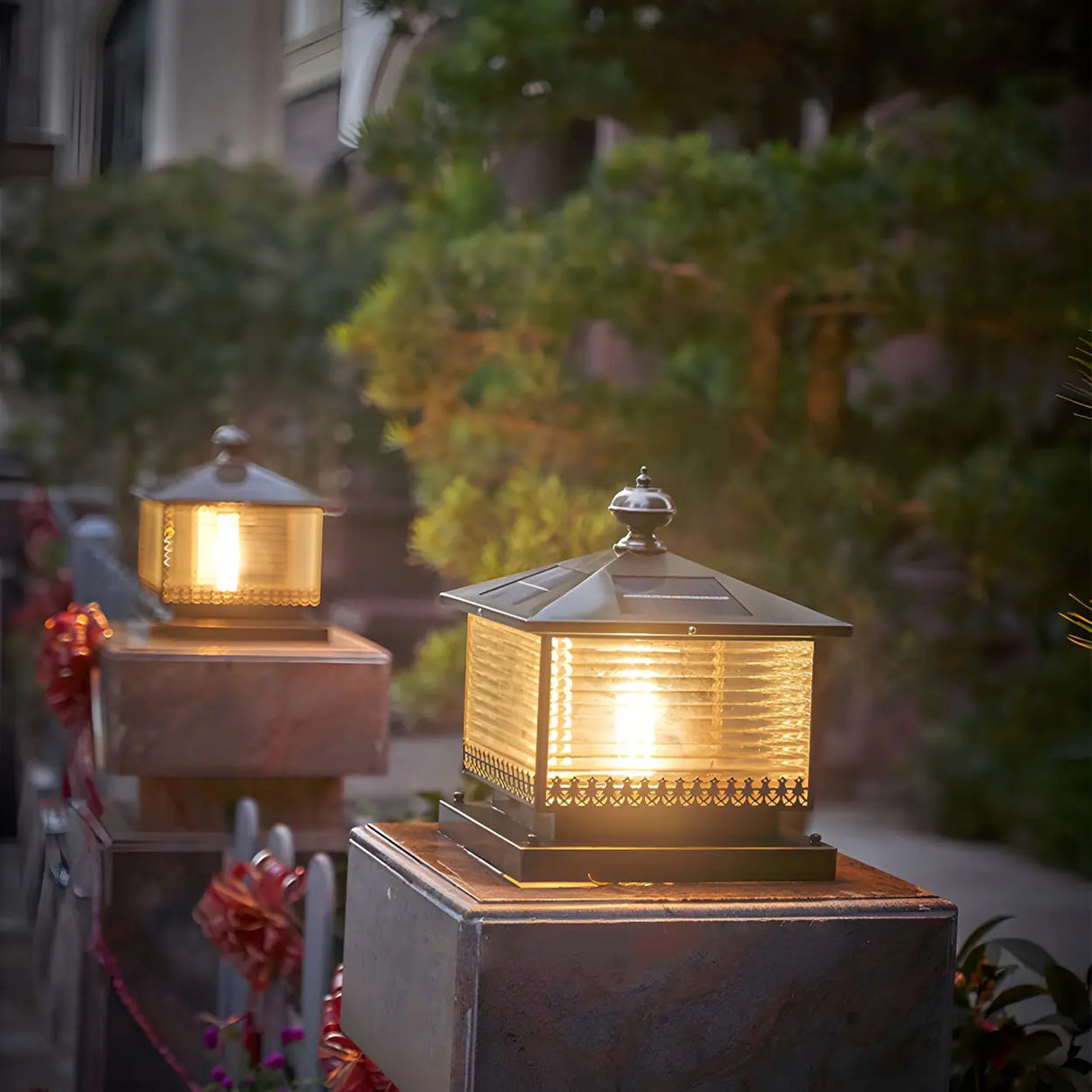 Vintage Glass Square Metal Outdoor Solar Table Lamp Image - 6