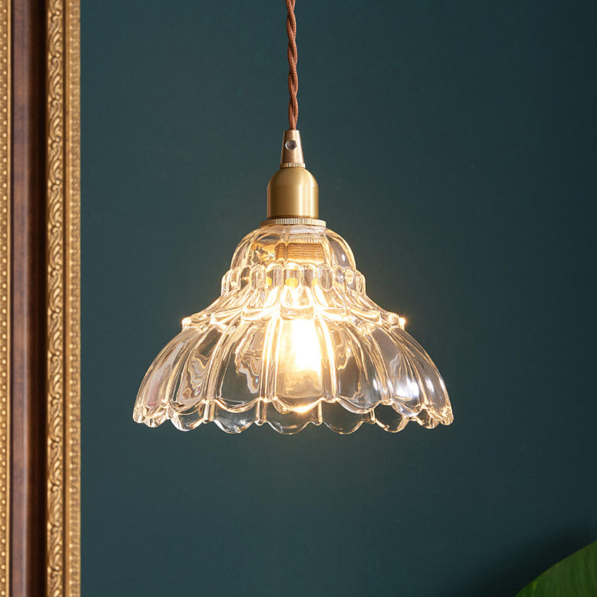 Vintage Gold Clear Glass Flower Pendant Light Image - 1