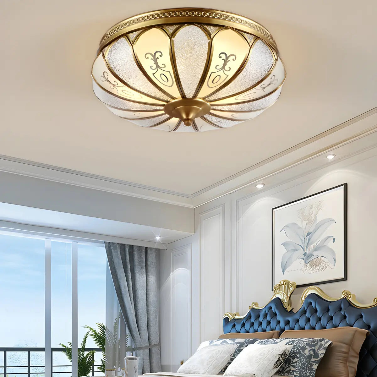 Vintage Gold Flower Shape Glass Semi-Flush Mount Light Image - 11