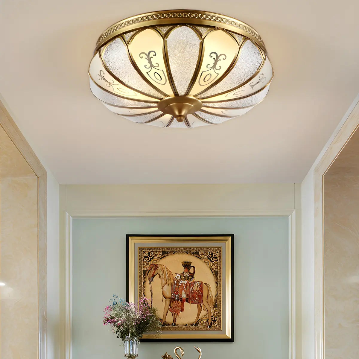 Vintage Gold Flower Shape Glass Semi-Flush Mount Light Image - 12
