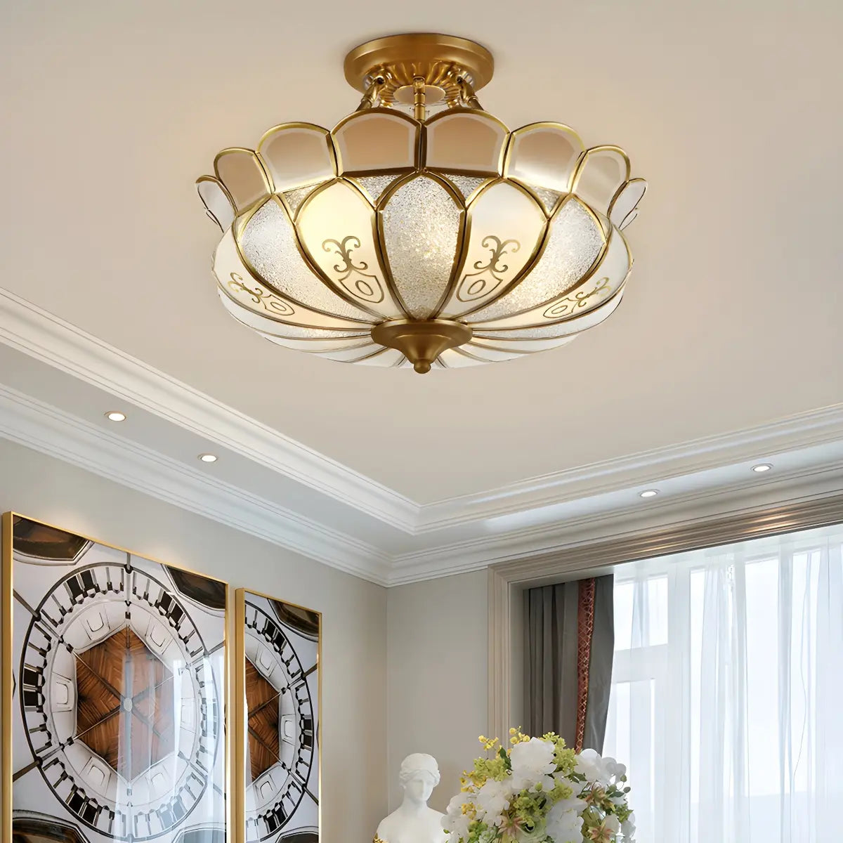 Vintage Gold Flower Shape Glass Semi-Flush Mount Light Image - 3