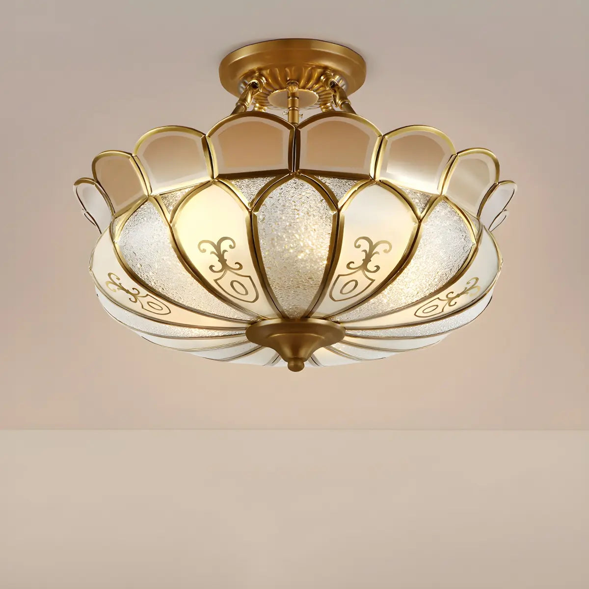 Vintage Gold Flower Shape Glass Semi-Flush Mount Light Image - 9