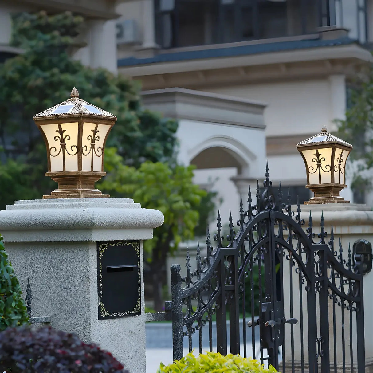 Vintage Gold Lantern Square Metal Outdoor Post Light Image - 1