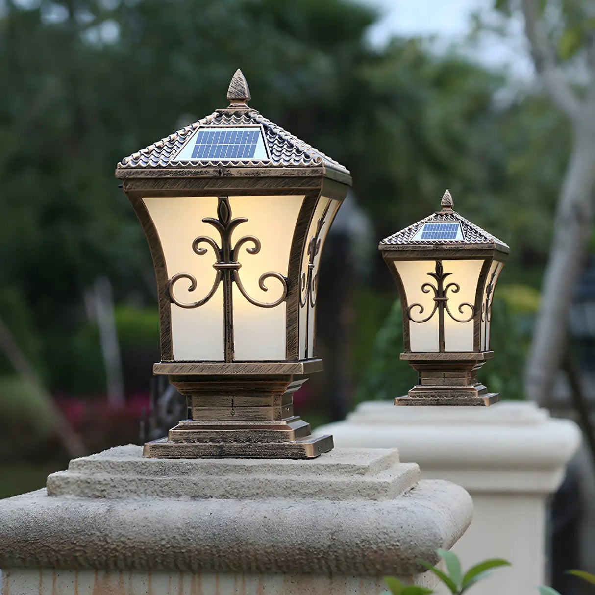 Vintage Gold Lantern Square Metal Outdoor Post Light Image - 17