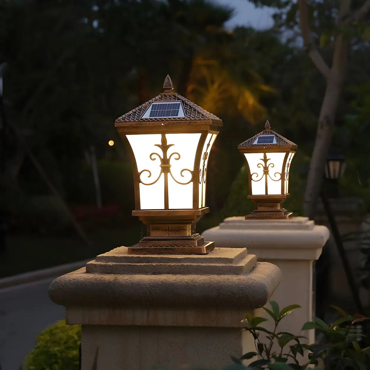 Vintage Gold Lantern Square Metal Outdoor Post Light Image - 4