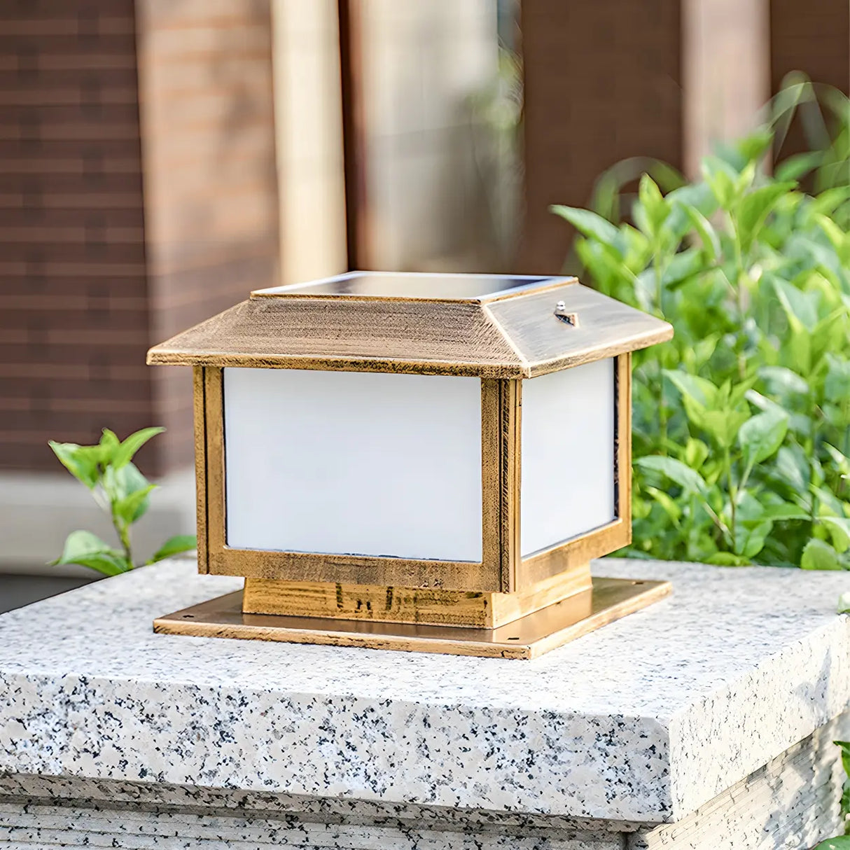 Vintage Golden Square Metal Outdoor Pillar Table Lamp Image - 3