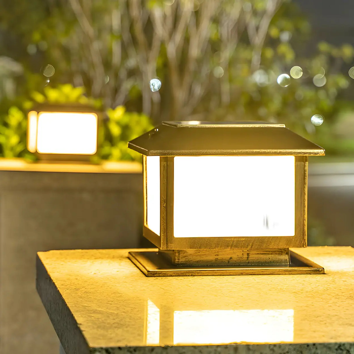 Vintage Golden Square Metal Outdoor Pillar Table Lamp Image - 6
