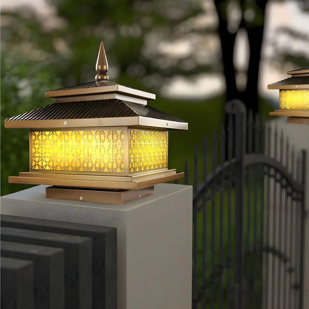 Vintage Golden Square Outdoor Post Lamp Warm Light Image - 1