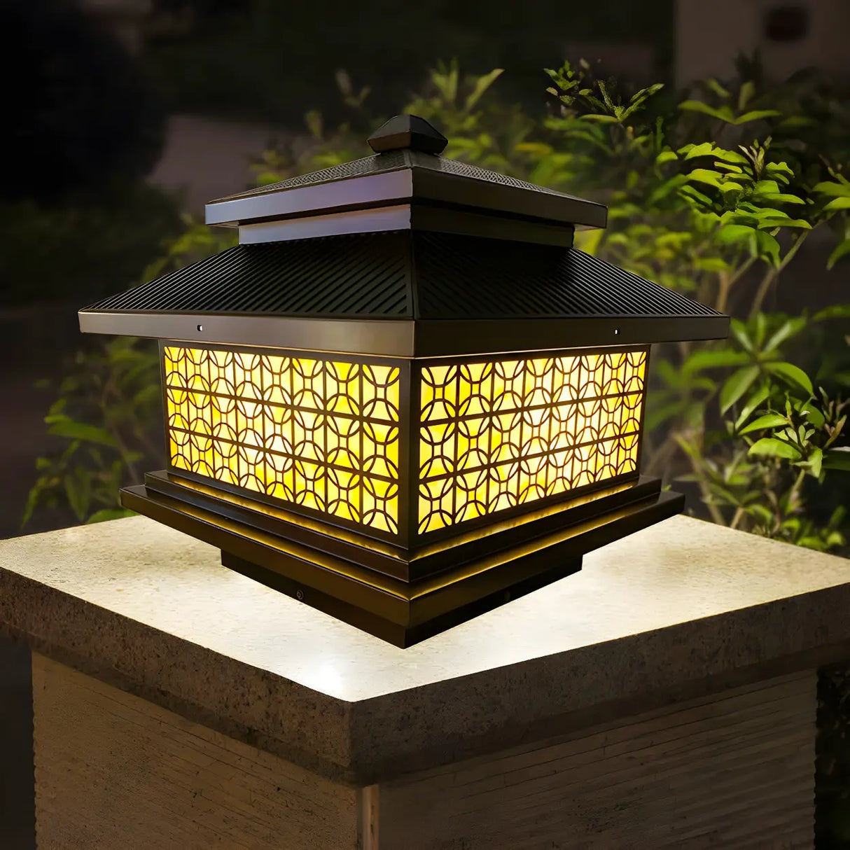 Vintage Golden Square Outdoor Post Lamp Warm Light Image - 10
