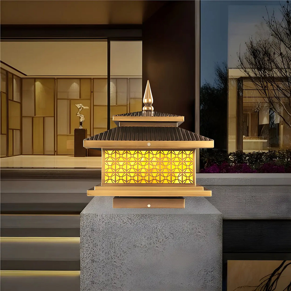 Vintage Golden Square Outdoor Post Lamp Warm Light Image - 4