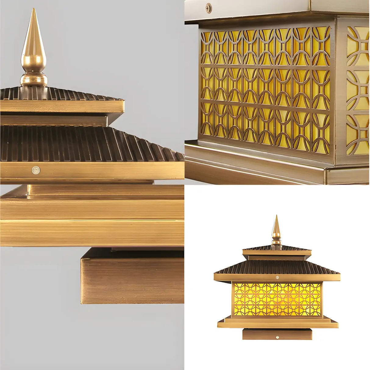 Vintage Golden Square Outdoor Post Lamp Warm Light Image - 8