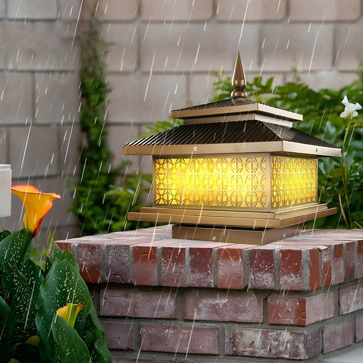 Vintage Golden Square Outdoor Post Lamp Warm Light Image - 9