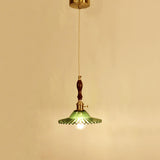 Vintage Green Glass Pendant Light Brass and Wooden Accent Image - 4