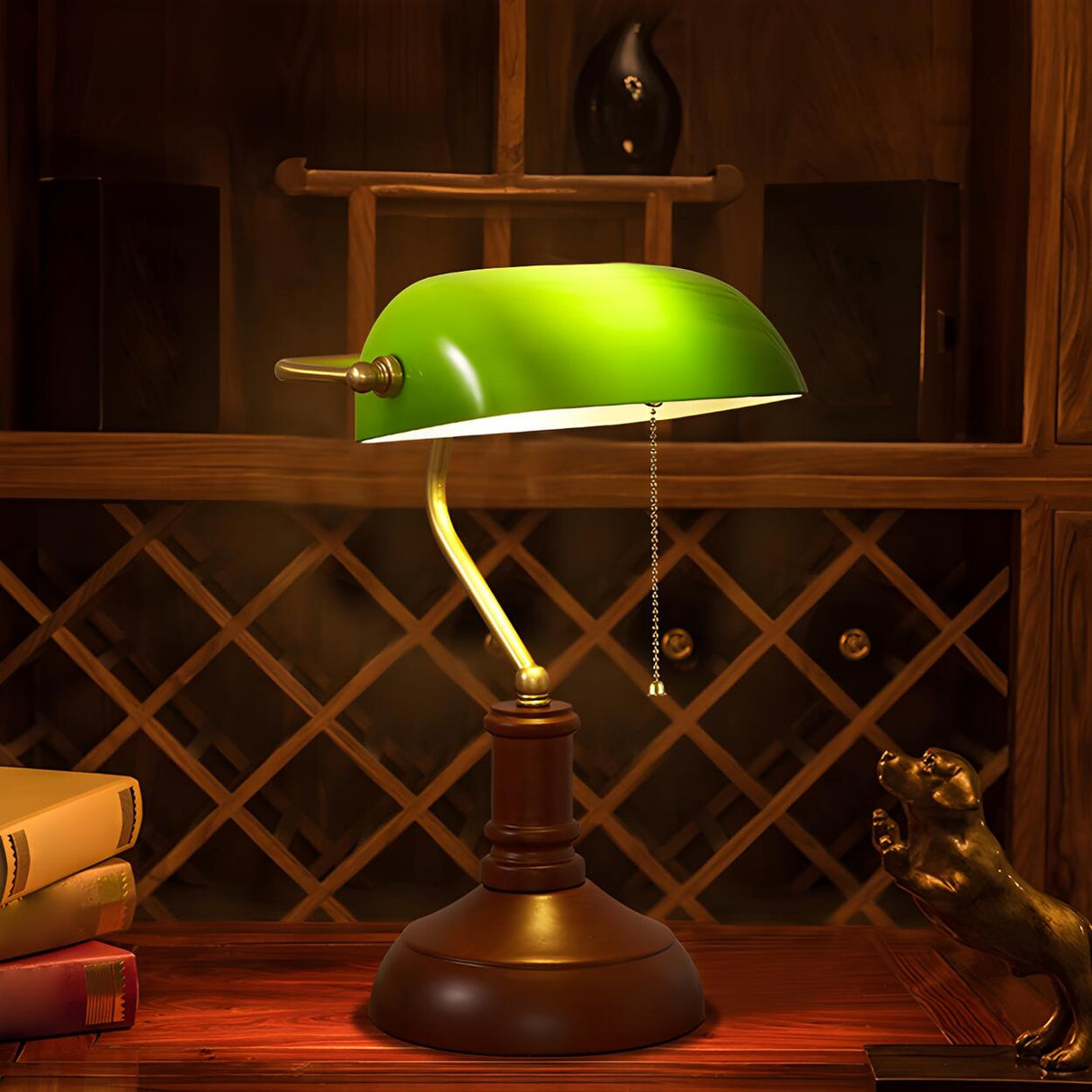Vintage Green Glass Shade Wood Base Banker Table Lamp Image - 11