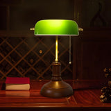 Vintage Green Glass Shade Wood Base Banker Table Lamp Image - 4