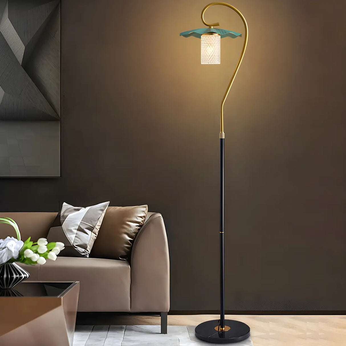Vintage Green Lotus Leaf Metal LED Floor Lamp Image - 1