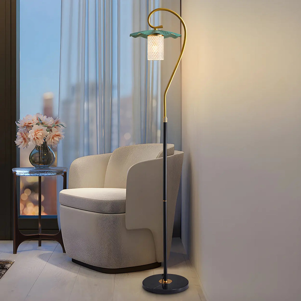 Vintage Green Lotus Leaf Metal LED Floor Lamp Image - 13