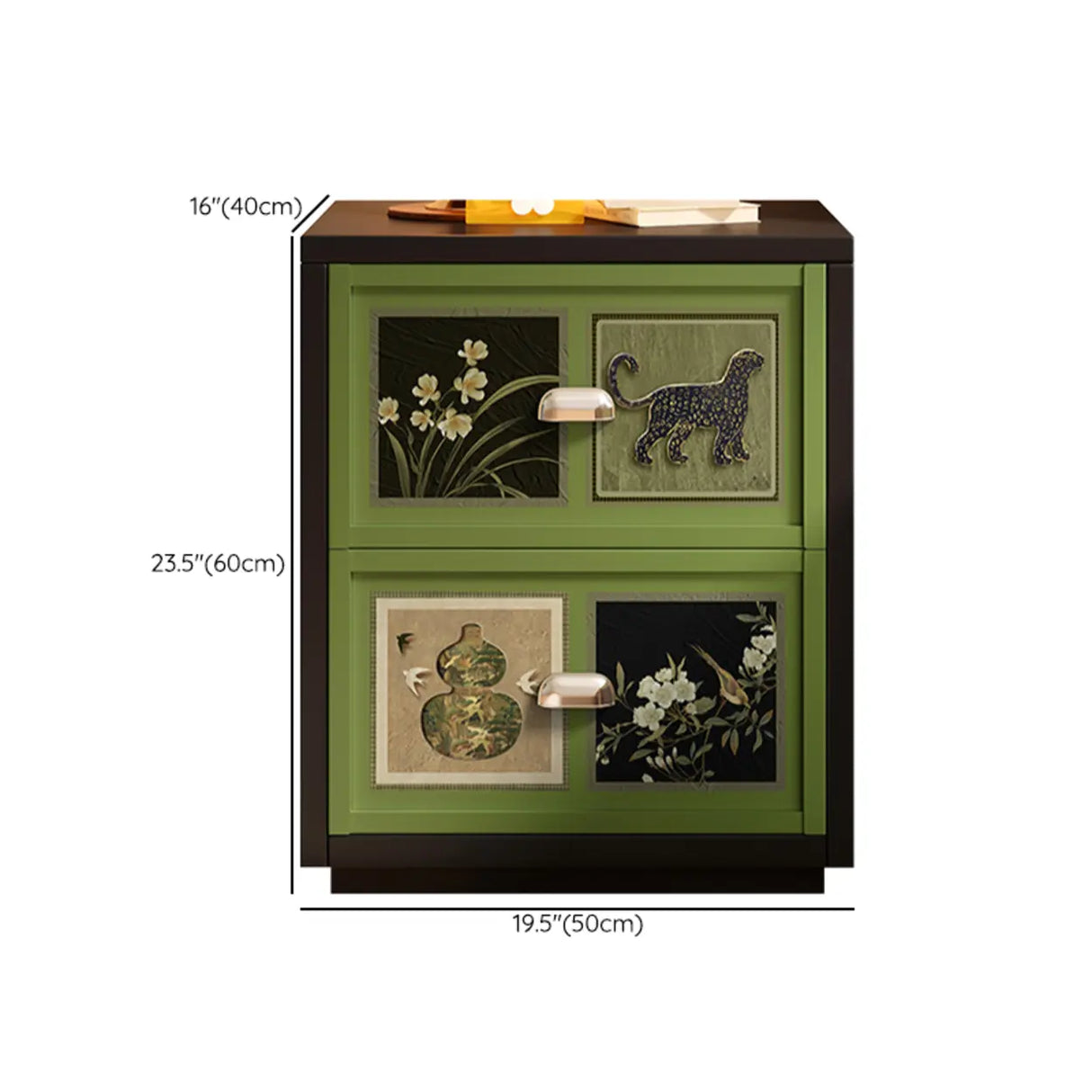 Vintage Green Nightstand with Artistic Drawer Panels 