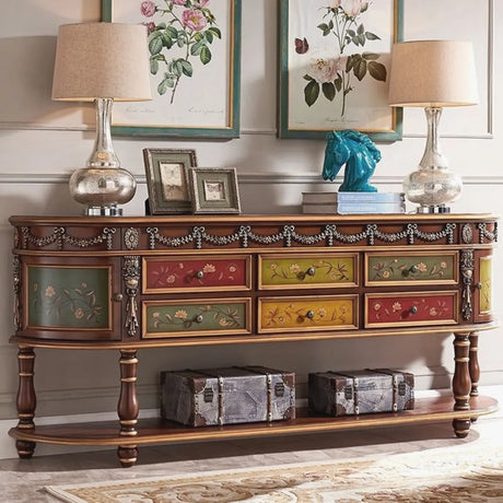 Vintage Half Moon Console Table with Floral Drawers Image - 1