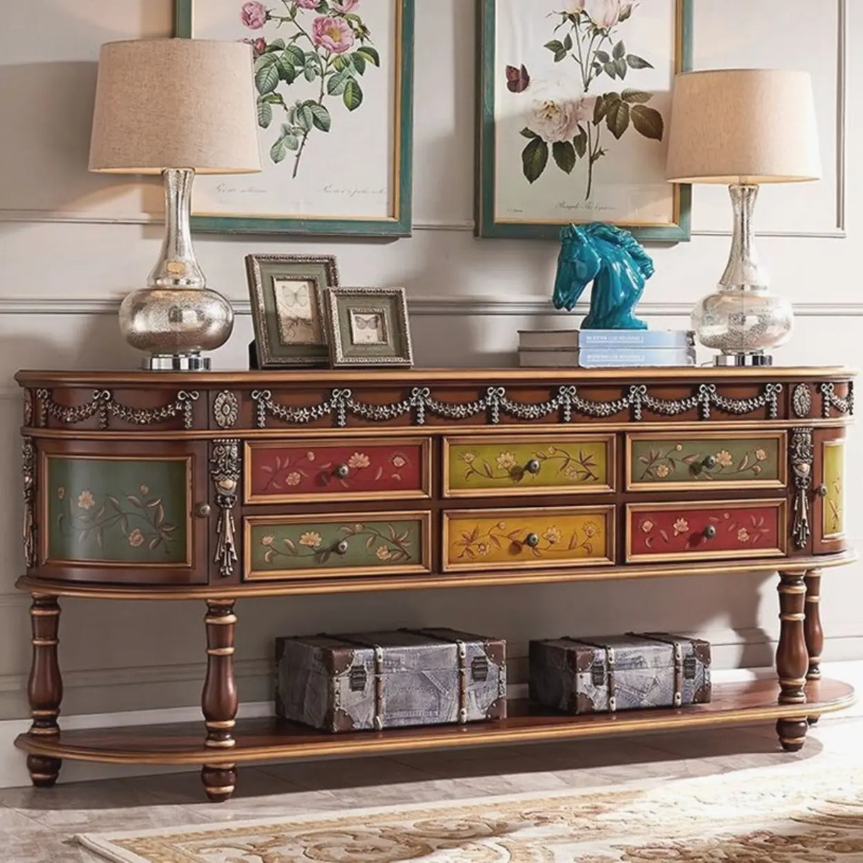 Vintage Half Moon Console Table with Floral Drawers Image - 1