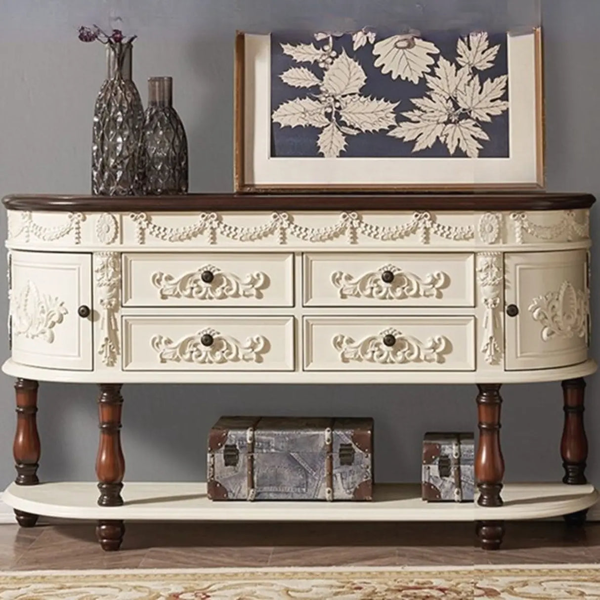 Vintage Half Moon Console Table with Floral Drawers Image - 3