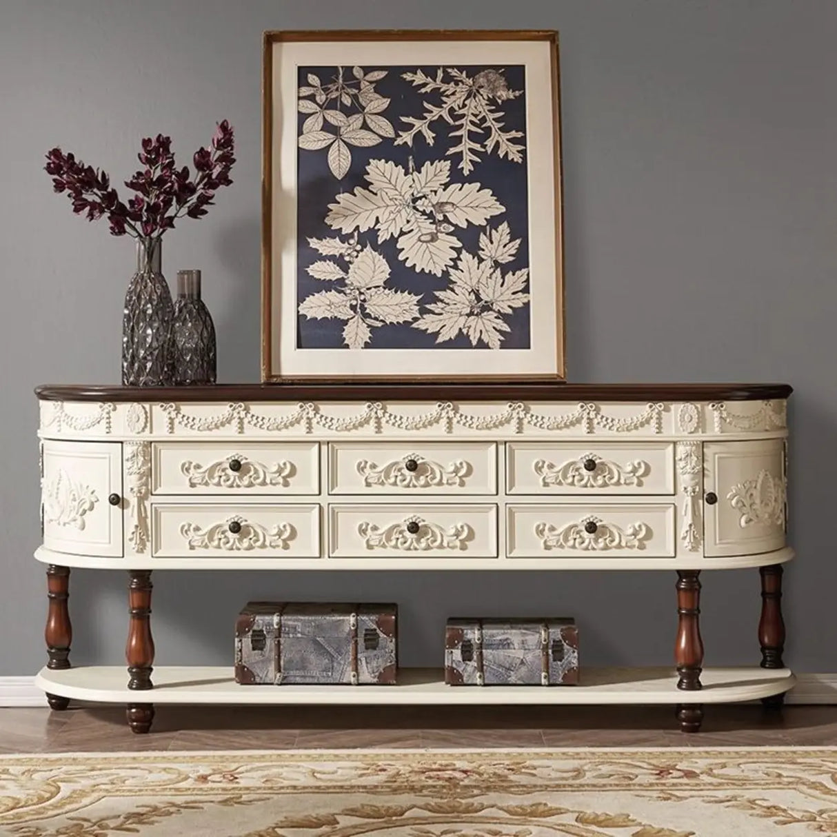 Vintage Half Moon Console Table with Floral Drawers Image - 4