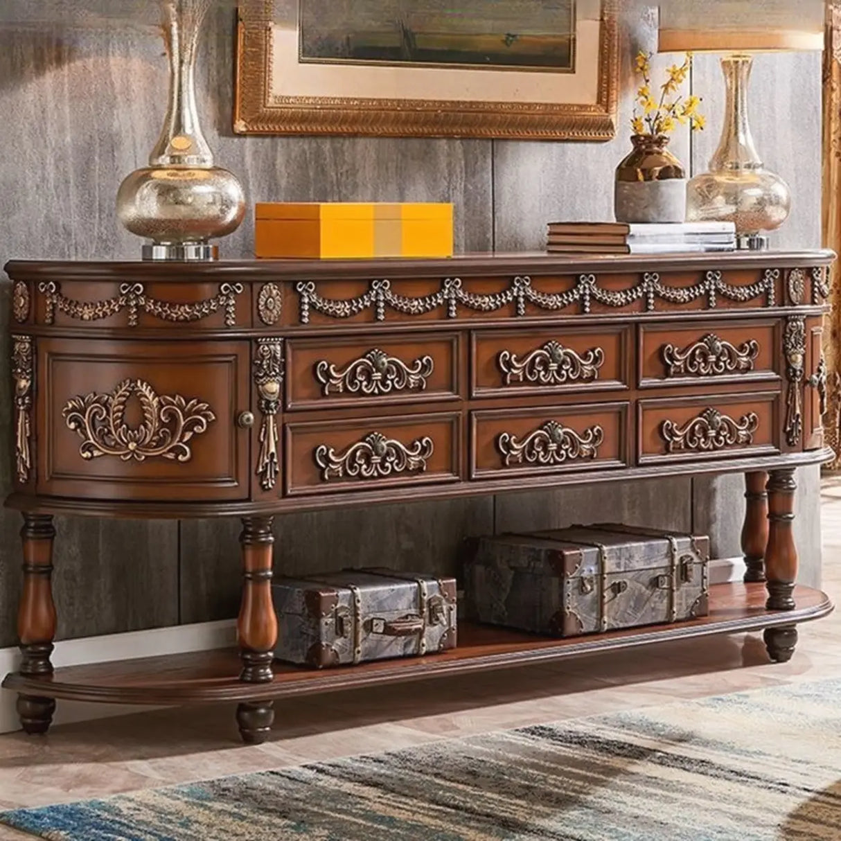 Vintage Half Moon Console Table with Floral Drawers Image - 9