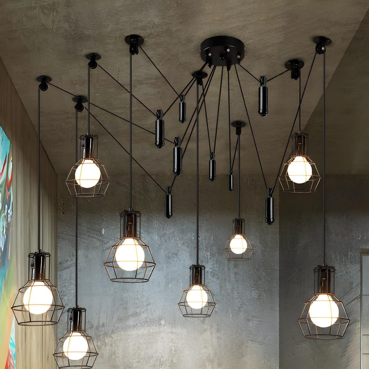 Vintage Industrial Black Metal Cage Pendant Light Image - 5